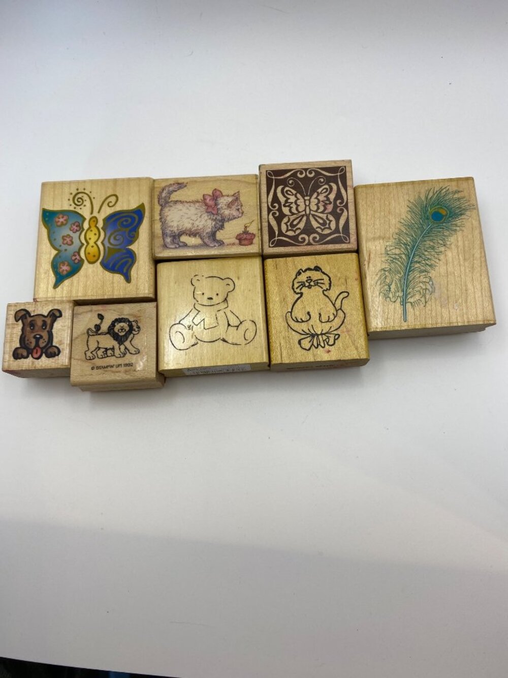 Set Of 8 Wooden Rubber Stamps With Animal & Nature Designs: Butterfly Cat Dog Li